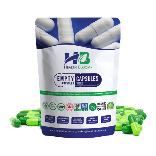A resealable pouch of Health Bloom Empty Gelatin Capsules with Light/Dark Green Capsules