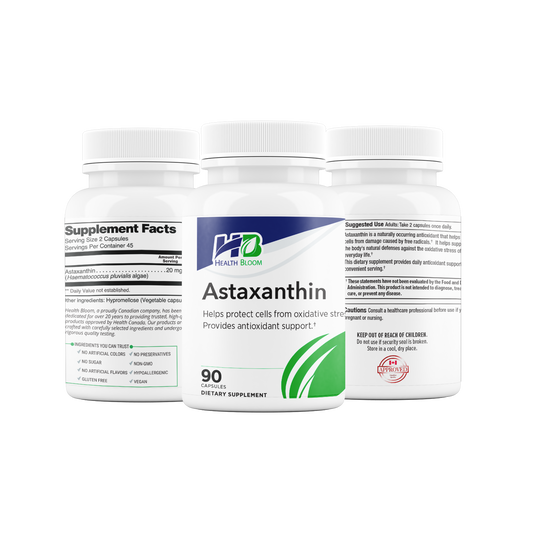 Three white bottles of Health Hero Astaxanthin dietary supplement, showing the front label and the side supplement facts and directions panels, on a solid white background.