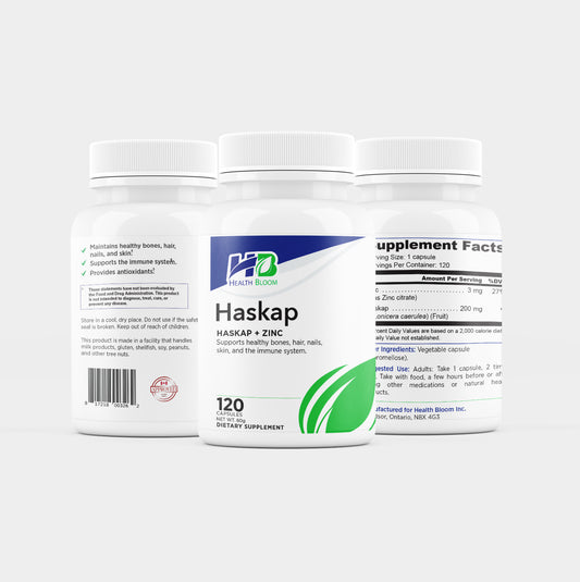 Supplement bottle labeled 'Haskap' with visible branding on a white background