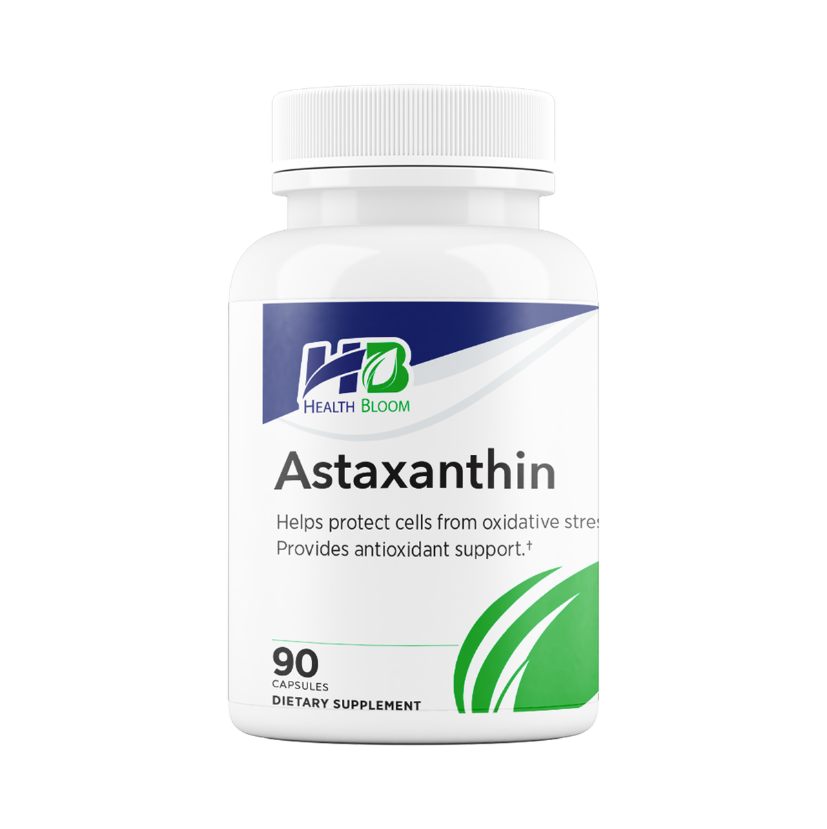 A white bottle of Health Bloom Astaxanthin dietary supplement with a white cap, featuring a label with blue and green accents on a white background.