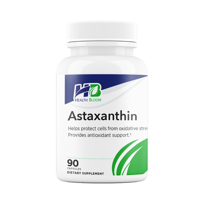A white bottle of Health Bloom Astaxanthin dietary supplement with a white cap, featuring a label with blue and green accents on a white background.