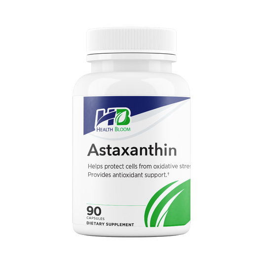 A white bottle of Health Bloom Astaxanthin dietary supplement with a white cap, featuring a label with blue and green accents on a white background.