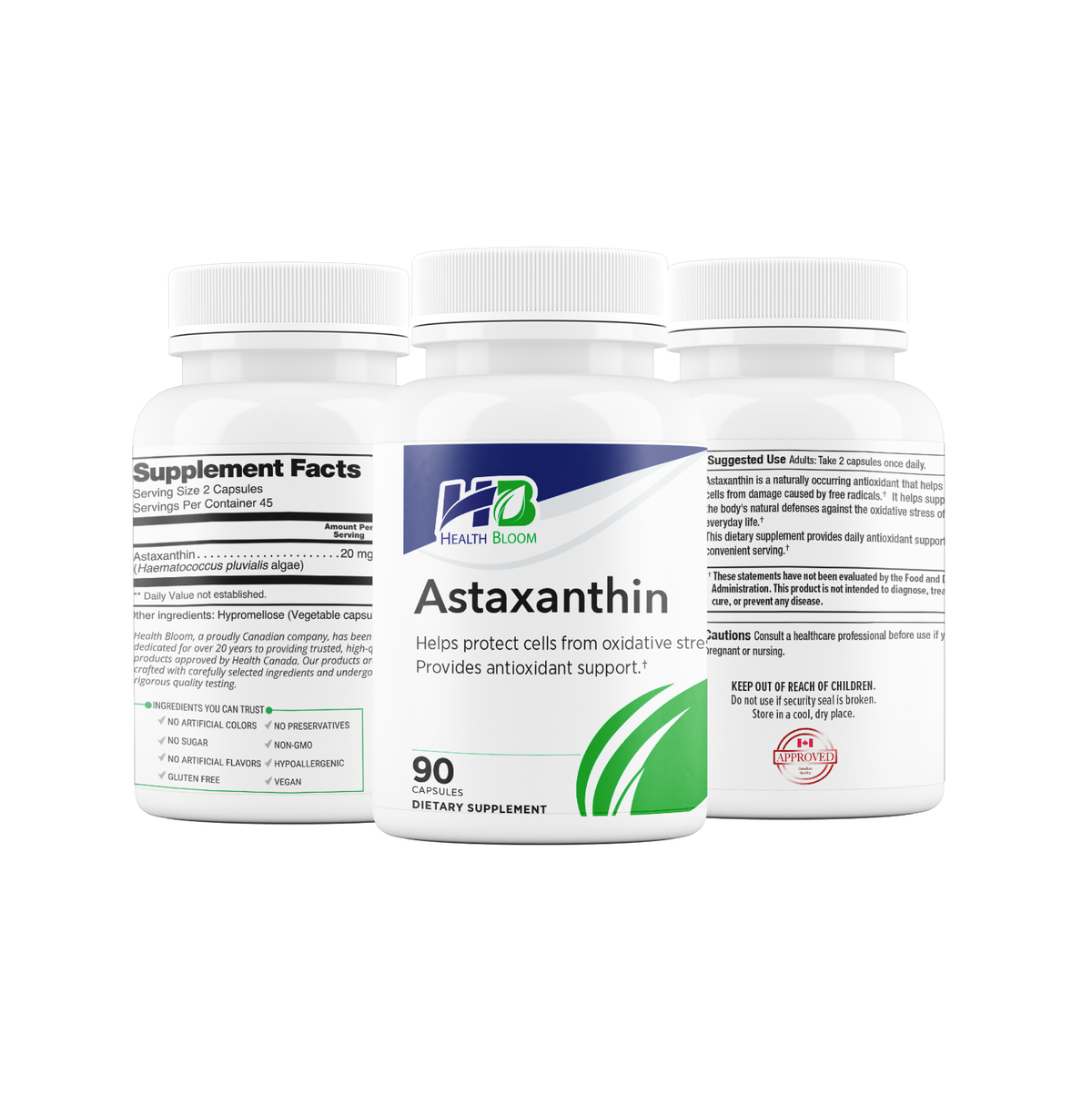 Three white bottles of Health Hero Astaxanthin dietary supplement, showing the front label and the side supplement facts and directions panels, on a solid white background.