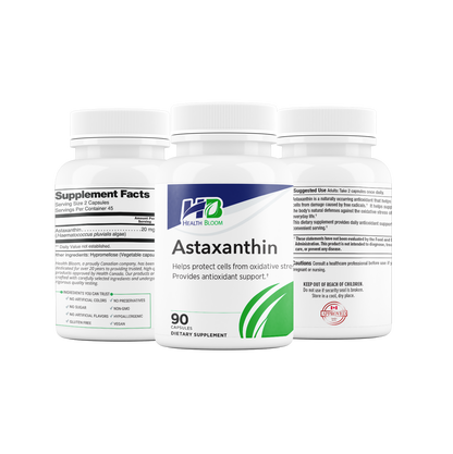 Three white bottles of Health Hero Astaxanthin dietary supplement, showing the front label and the side supplement facts and directions panels, on a solid white background.