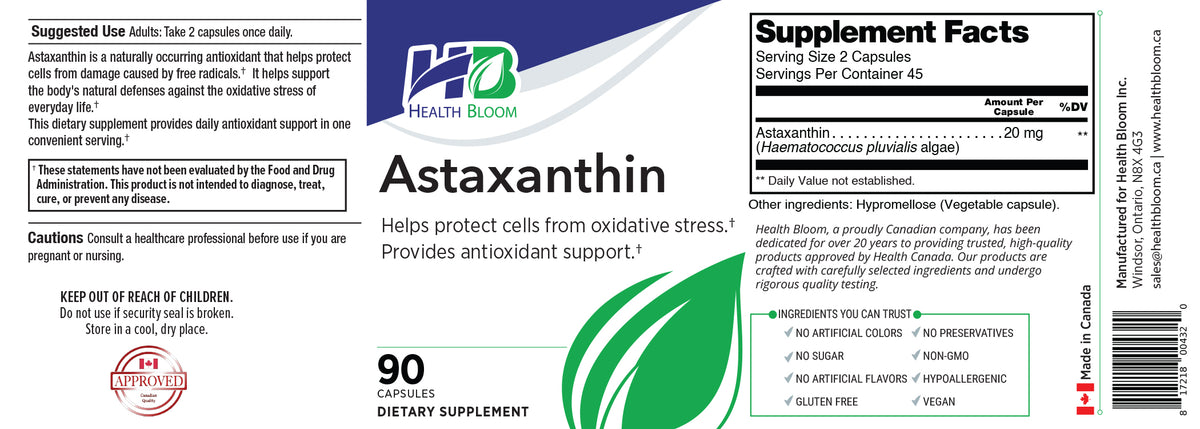 A Health Bloom Astaxanthin dietary supplement label, including the product name, serving facts, and warnings on a white background.