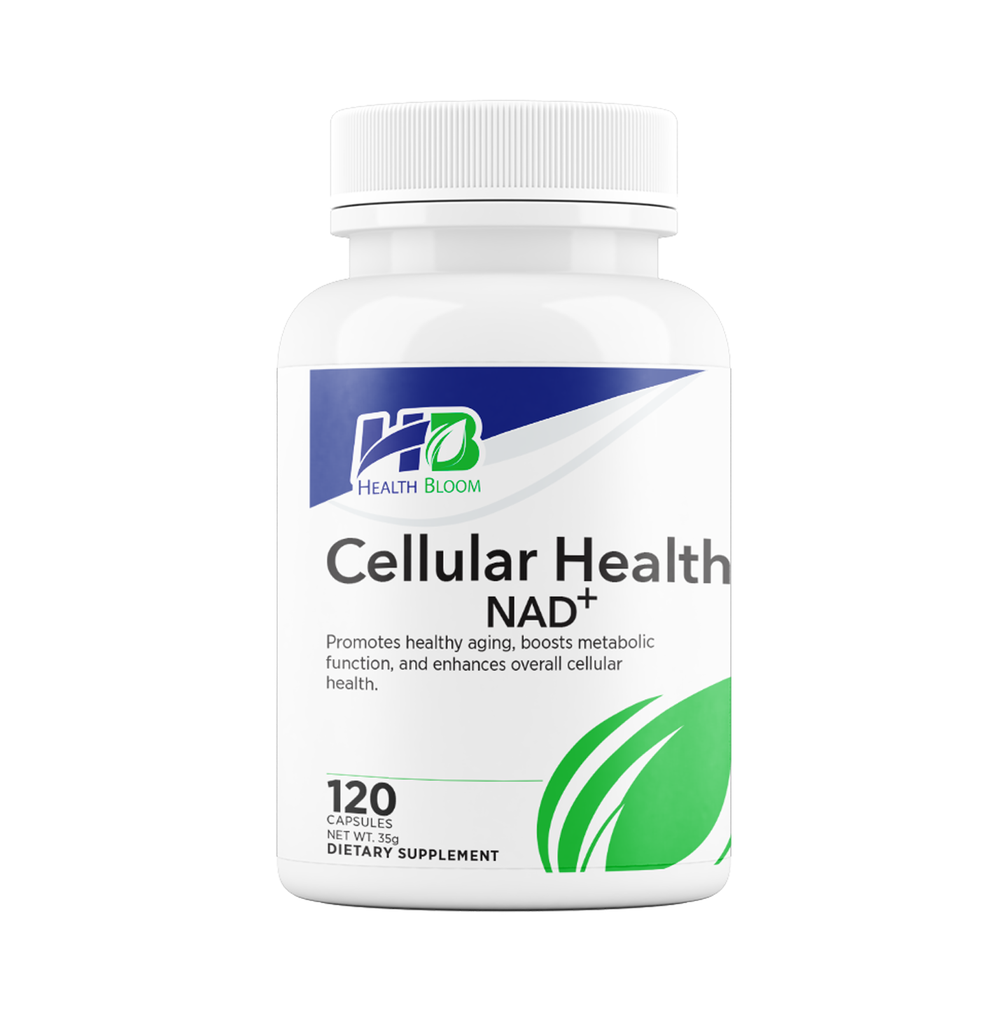 A bottle of Health & Bloom Cellular Health NAD+ dietary supplement, which is a white bottle with a label that has green and blue accents and provides product information.
