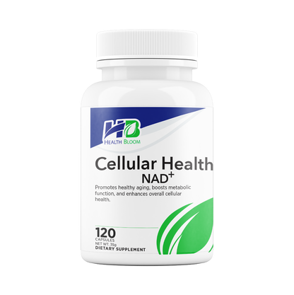 A bottle of Health & Bloom Cellular Health NAD+ dietary supplement, which is a white bottle with a label that has green and blue accents and provides product information.