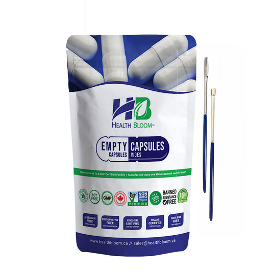 Pack of Health Bloom empty capsules with a blue and white design.