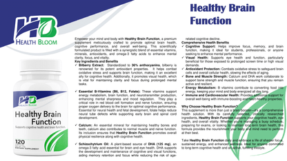 Health Bloom Healthy Brain Function supplement packaging with text and branding.