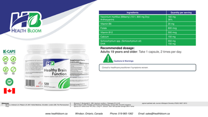 Health Bloom supplement packaging with ingredients list and dosing information on a white background.