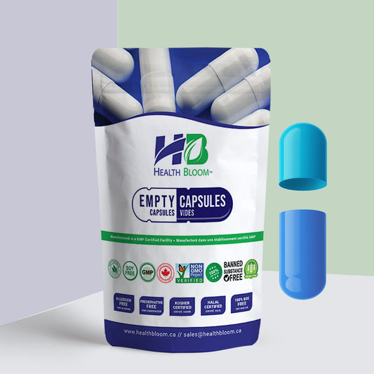 Package of Health Bloom empty capsules with  Light/Dark Blue capsule on a light green background