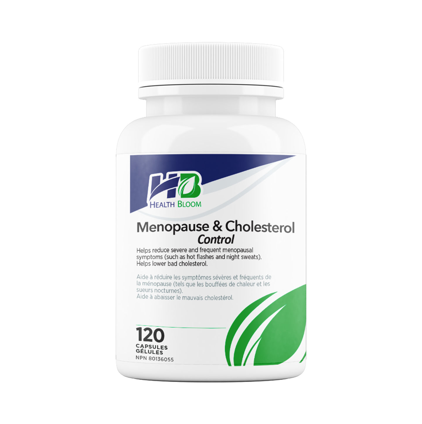 A bottle of Health Bloom Menopause & Cholesterol Control supplement, with 120 capsules inside.