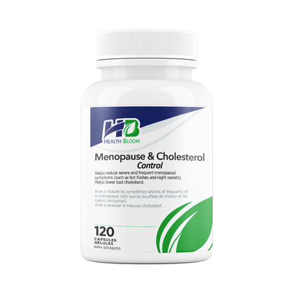 A bottle of Health Bloom Menopause & Cholesterol Control supplement, with 120 capsules inside.