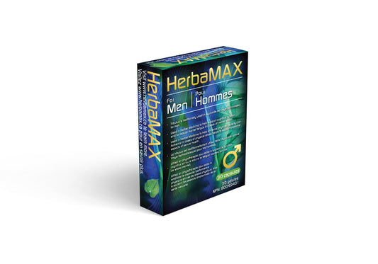A box of HerbaMAX for Men, a premium all-natural supplement formulated to support male sexual health and overall well-being.