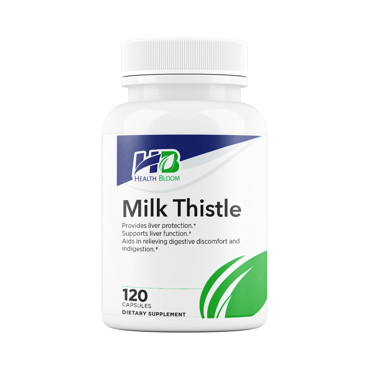 A white bottle of Health Bloom Milk Thistle dietary supplement capsules, featuring a white cap and a white label with blue and green branding.