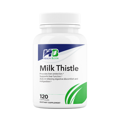 A white bottle of Health Bloom Milk Thistle dietary supplement capsules, featuring a white cap and a white label with blue and green branding.