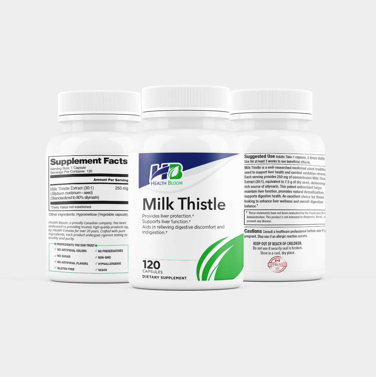 Three white bottles of P&F Health Labs Milk Thistle dietary supplement on a light gray background, showing the front label, supplement facts, and usage directions.