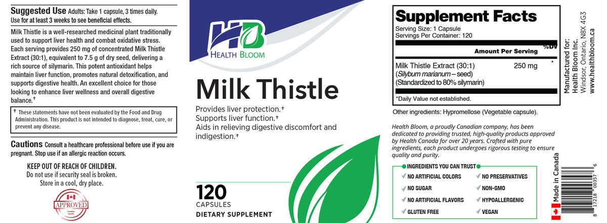 Health Bloom Milk Thistle dietary supplement packaging showing the front label, supplement facts panel, and usage/caution text on a white background.