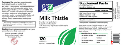 Health Bloom Milk Thistle dietary supplement packaging showing the front label, supplement facts panel, and usage/caution text on a white background.