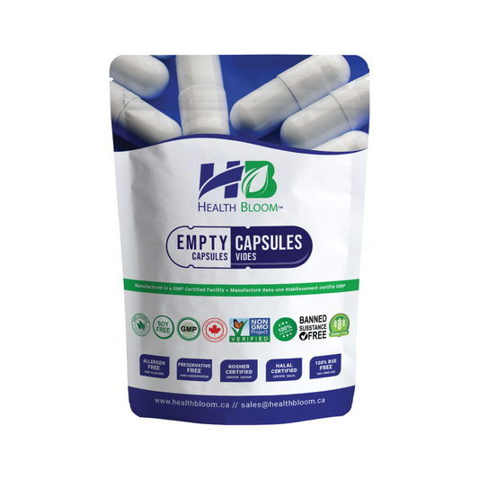 A package of Health Bloom brand empty gelatin capsules, with the capsules visible at the top and the brand logo displayed.