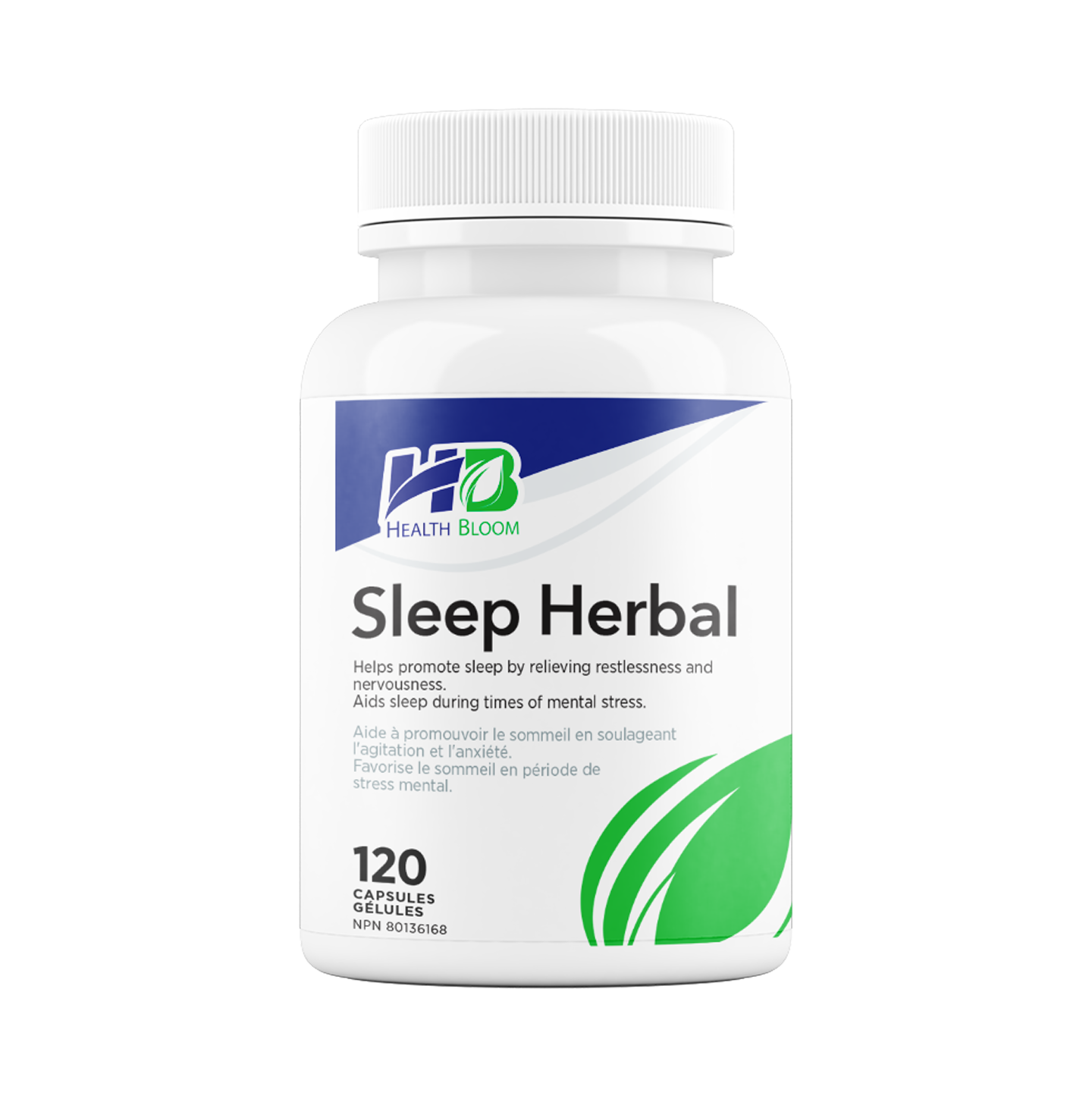 A bottle of Health Bloom Sleep Herbal supplement with 120 capsules, designed for restful and restorative sleep.