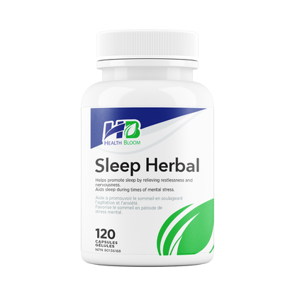 A bottle of Health Bloom Sleep Herbal supplement with 120 capsules, designed for restful and restorative sleep.