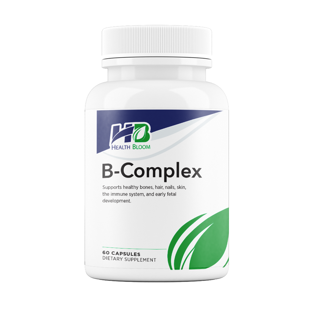 A bottle of Health Bloom B-Complex dietary supplement with 60 capsules, labeled for supporting healthy bones, hair, skin, and overall well-being.