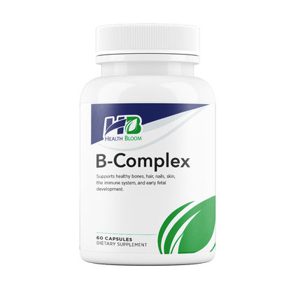 A bottle of Health Bloom B-Complex dietary supplement with 60 capsules, labeled for supporting healthy bones, hair, skin, and overall well-being.