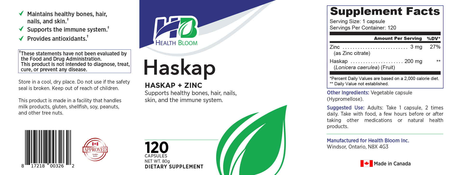 Supplement label for Haskap + Zinc dietary supplement by Health Bloom with text and logo.
