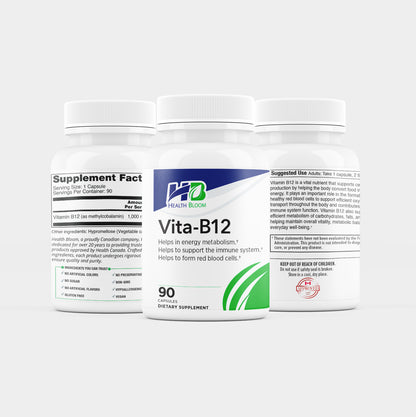 Three white plastic bottles of dietary supplements on a light gray background. The center bottle is labeled 'Vita-B12' by 'Health Boost', showing the front and back labels.