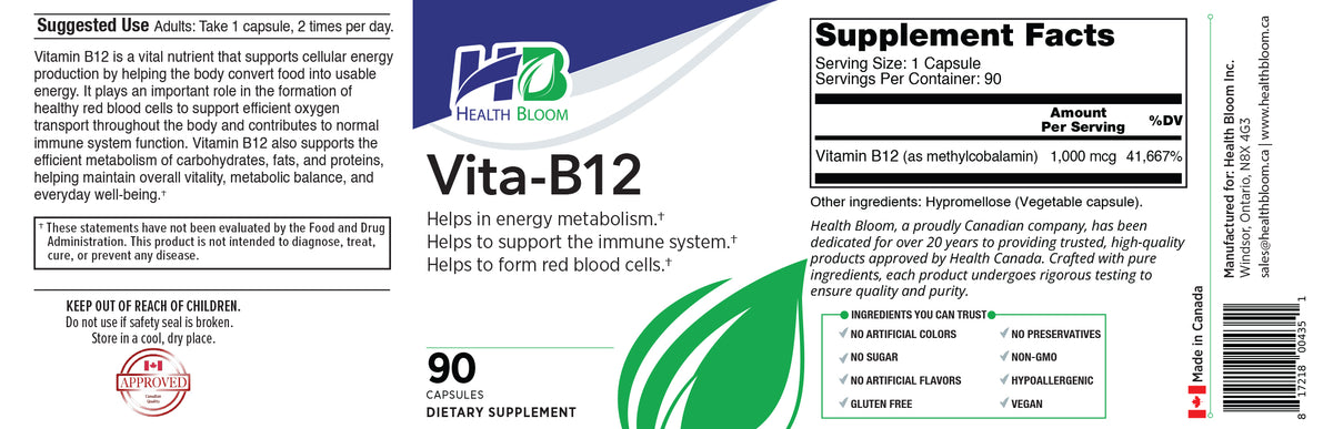 Vita B12 dietary supplement bottle label showing brand Health for Life and product name Vita B12, with supplement facts panel, usage suggestions, ingredients, and a green dosage graphic on a white background.