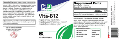 Vita B12 dietary supplement bottle label showing brand Health for Life and product name Vita B12, with supplement facts panel, usage suggestions, ingredients, and a green dosage graphic on a white background.