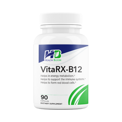 A white plastic bottle of Health Bloom VitaRX-B12 dietary supplement capsules, featuring a white cap and a label with blue and green branding elements.