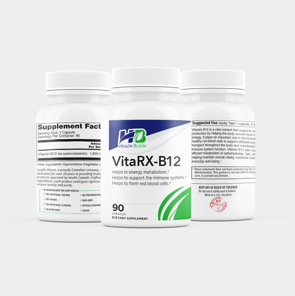 Three white bottles of VitaRX-B12 dietary supplements from Health Hero, showing the front, back, and supplement facts labels against a light gray background.