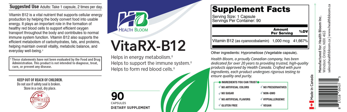 VitaRX-B12 supplement bottle label with a white background, blue and green branding, a large green arrow pointing down, and a black warning panel on the left side.