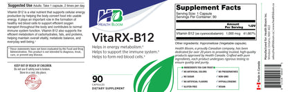 VitaRX-B12 supplement bottle label with a white background, blue and green branding, a large green arrow pointing down, and a black warning panel on the left side.