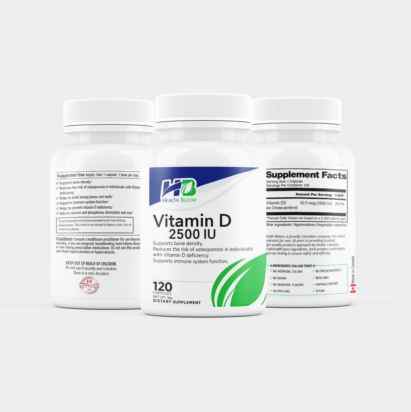 Two bottles of Health Bloom Vitamin D 2500 IU supplement on a white background