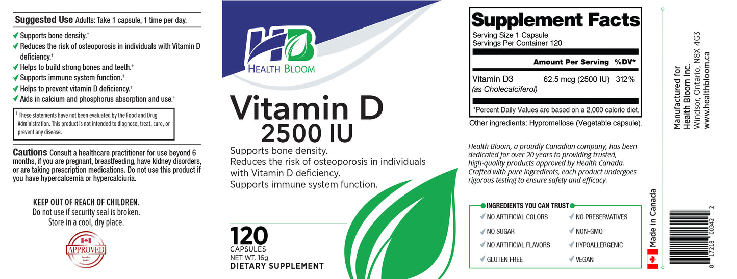 Supplement label for Vitamin D 2500 IU by Health Bloom with text and graphics.