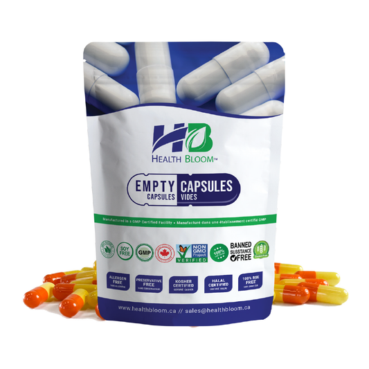 A resealable pouch of Health Bloom brand empty orange/yellow gelatin capsules
